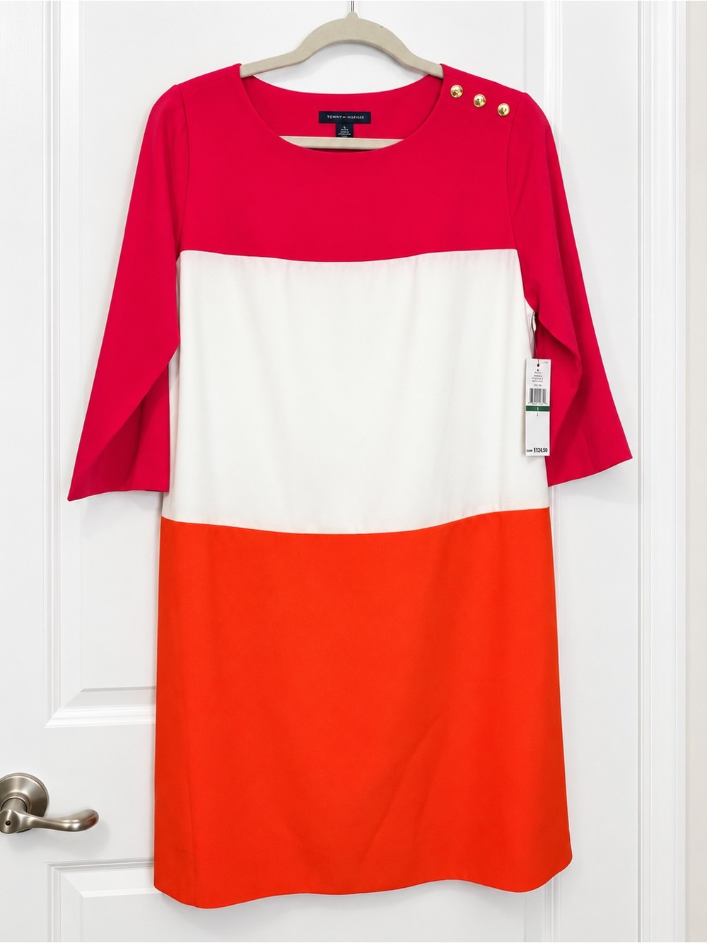 Tommy Hilfiger Colorblock Shift Dress L NWT Lined Gold Button 3/4 Sleeve